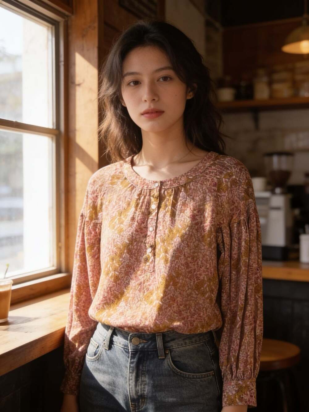 Jane and Delancey Floral Blouse Size S Brown Metallic Long Sleeve Small